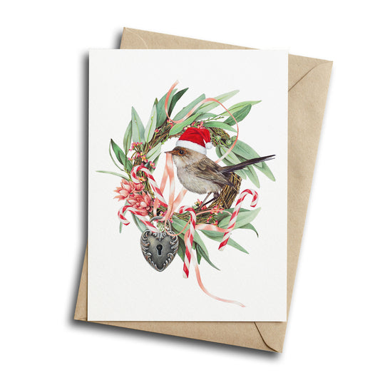 Christmas Wren/candy cane - Greeting Card