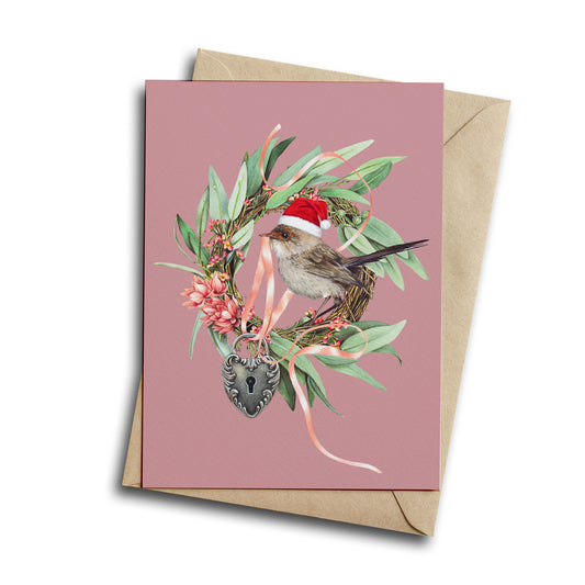 Christmas Wren/plum - Greeting Card